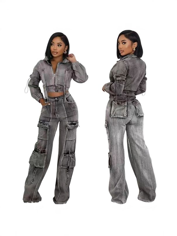 Women's Stretch Denim Two-Piece Set – High-Waisted Utility Pants & Cropped Jacket (Polyester Blend, S-XXL) For Street Style & Office Wear_ecoleips.com