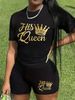 Summer Women's Casual Fashion Queen Letter Print Loose T-shirt Shorts Two-piece Sportswear Suitable For Daily Wear-126_ecoleips.com