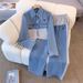 Denim Two-piece Set Long-Sleeved Top Wide-Leg Pants Spring Autumn Fashion Office Lady Style Polyester_ecoleips.com