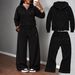Women's Fleece Lined Hooded Top And Trousers Set European American Style Solid Color Warm Comfortable 2-Piece Autumn Winter Outfit_ecoleips.com