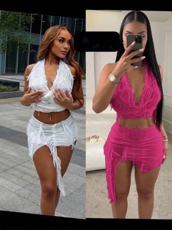 New Style Spicy Girl Sleeveless Thin Strap Tassel Women's Top Solid Color Halter Sexy Vest Short Skirt Set_ecoleips.com