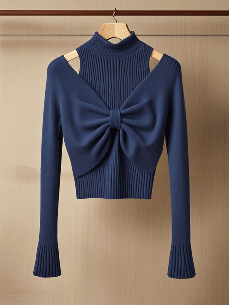 Women's Clothing Niche Design High End Blue Off Shoulder Bow Two Piece Wool Sweater_ecoleips.com