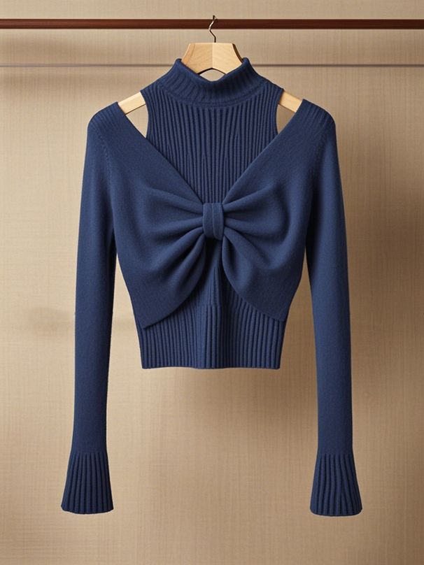 Women's Clothing Niche Design High End Blue Off Shoulder Bow Two Piece Wool Sweater_ecoleips.com