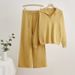 Solid Color Knit Lapel Top & Drawstring Wide Leg Pants Set - Comfortable Office & Casual Outfit For Women_ecoleips.com