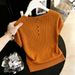 Women's Pumpkin Orange Square Neck Short Sleeve Knit T-Shirt Hollowed Out Back Buttons Spring Summer Style Top_ecoleips.com
