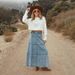 Bohemian A-Line Denim Skirt With Layered Hem & Abstract Print - Mid-Length Raw Edge Denim Skirt For Women_ecoleips.com