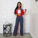Women's Clothing Denim Stitching Color Stand Up Collar Zipper Top Wide Leg Pants Two Piece Set_ecoleips.com