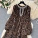 Women's Clothing High End Elegant Dress For Women Fashion Nail Diamond Hollow Round Neck Long Sleeve Loose Slim Leopard Print Pleated Long Skirt_ecoleips.com