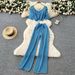 Women's Clothing Sweet And Scheming Strap Design Short Sleeved Knitted Top High Waist Wide Leg Pants Two Piece Suit_ecoleips.com
