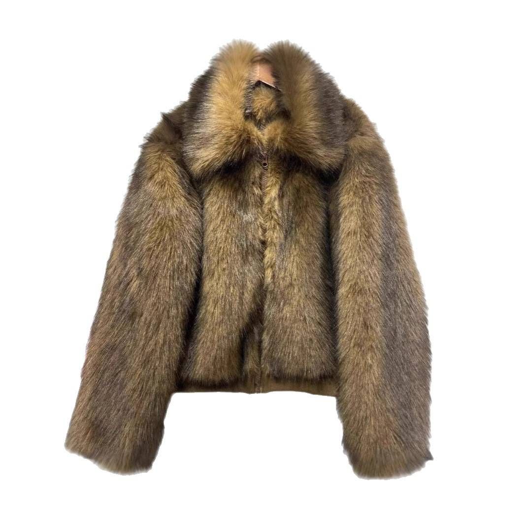 Women’s Faux Fur Jacket – Short Plush Coat With Fox Fur-Like Collar, Trendy Winter Outerwear (S/M/L, Brown Ombre)_ecoleips.com