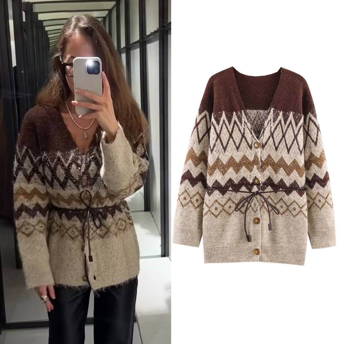 Women's Clothing Women's V-Neck Belted Knit Cardigan - Street Style Oversized Long Sleeve Open Front Sweater (Dark Brown, S/M/L)_ecoleips.com