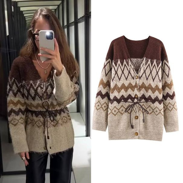 Women's Clothing Women's V-Neck Belted Knit Cardigan - Street Style Oversized Long Sleeve Open Front Sweater (Dark Brown, S/M/L)_ecoleips.com