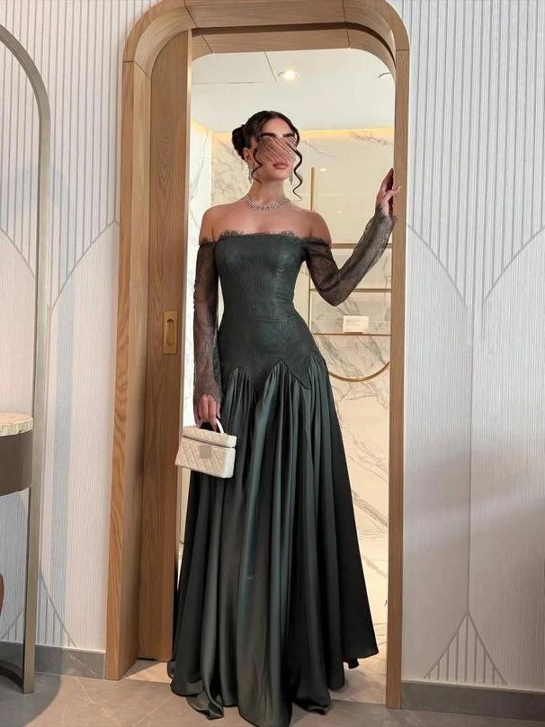 Elegant Strapless Evening Gown – Long Sleeve Lace & Satin Formal Dress In Emerald Green Movement Engineering_ecoleips.com