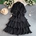 Women's European Style Light Luxury Design Rhinestone Lantern Sleeve Dress Heavy Duty Waist Cinching Slimming Puffy Ruffle Long Skirt_ecoleips.com