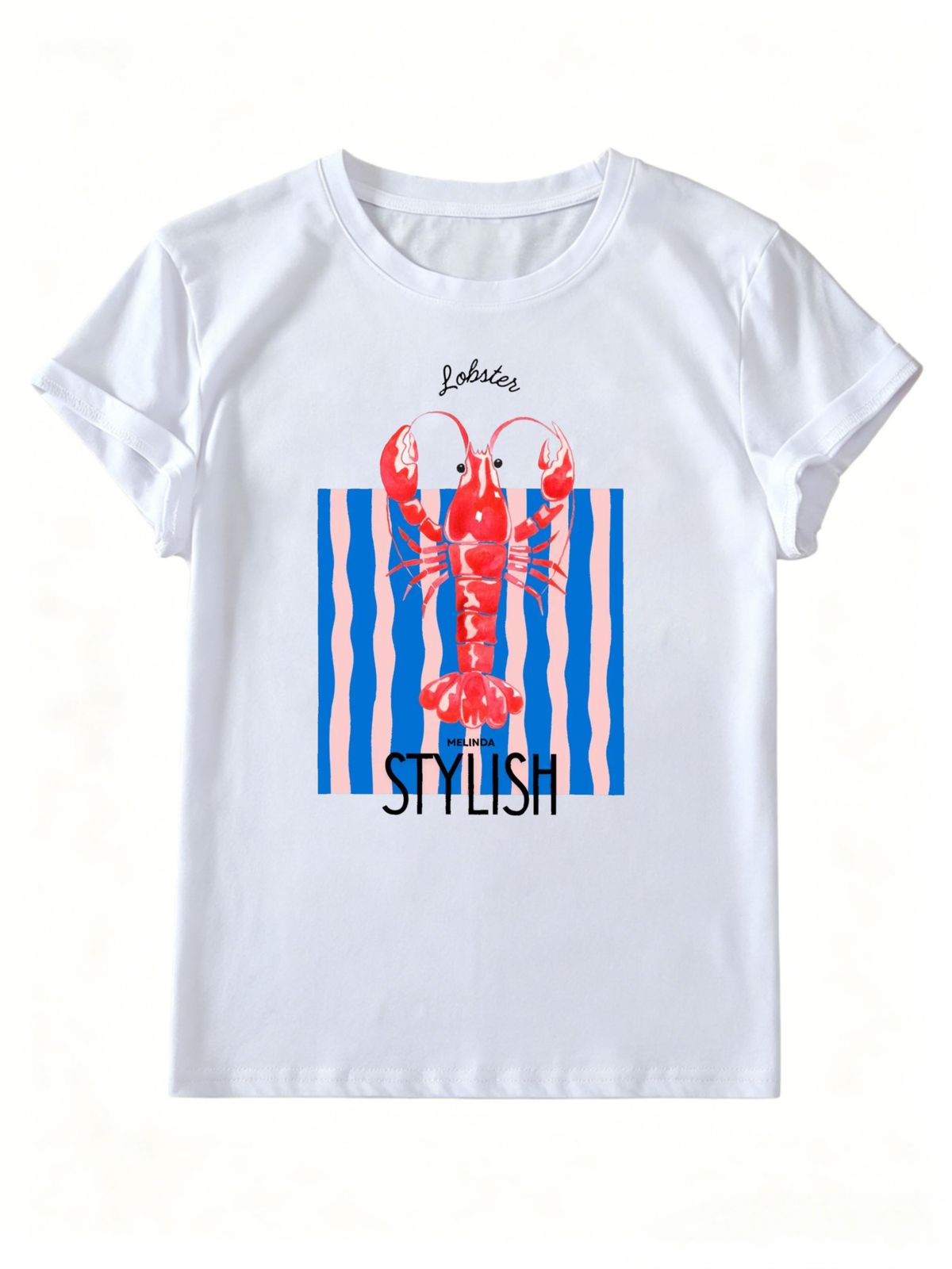 Lobster Pink And Blue Striped Print, Nautical Retro Women's T-shirt, Soft And Loose Fit, Perfect For Summer Beach Vacation Everyday Wear._ecoleips.com