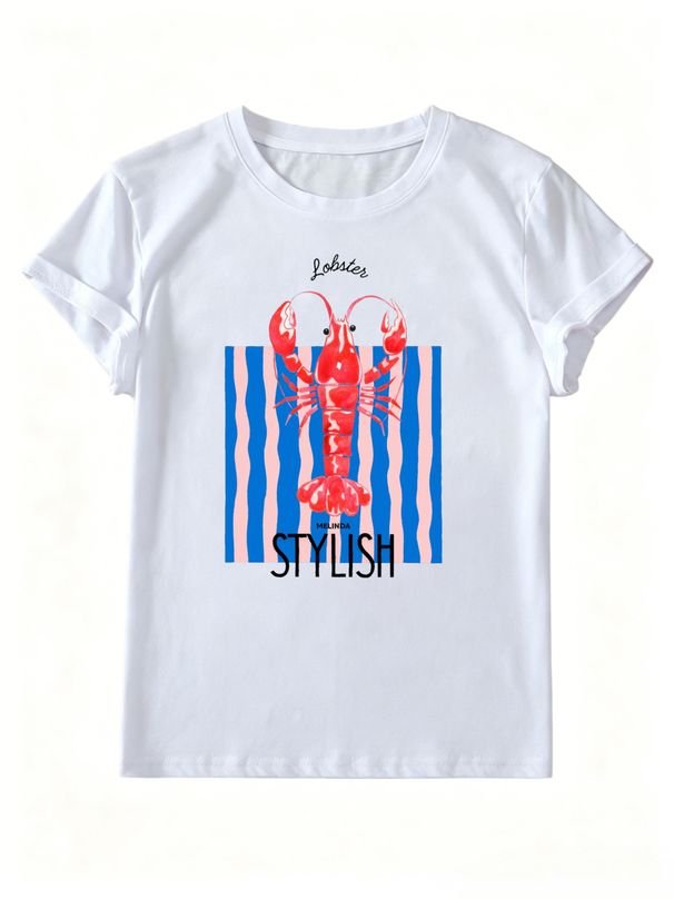 Lobster Pink And Blue Striped Print, Nautical Retro Women's T-shirt, Soft And Loose Fit, Perfect For Summer Beach Vacation Everyday Wear._ecoleips.com