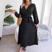 2026 Women Cross V Neck Pleated Long Dress, Elegant Swing Casual Maxi Dress_ecoleips.com