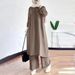 2025 Muslim Women's Two-Piece New Solid Color Long Sleeve Round Neck Shirt Robe Loose Wide-Leg Pants Set_ecoleips.com