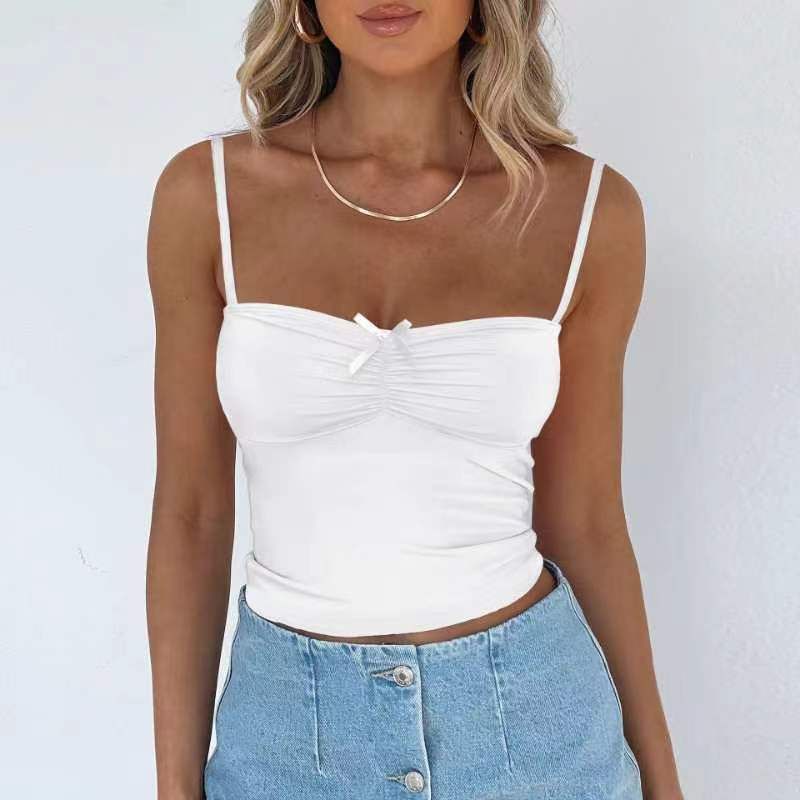 Women's Solid Color Camisole Tank Top European American Style Pleated Backless Design Elegant Stylish Short Top_ecoleips.com