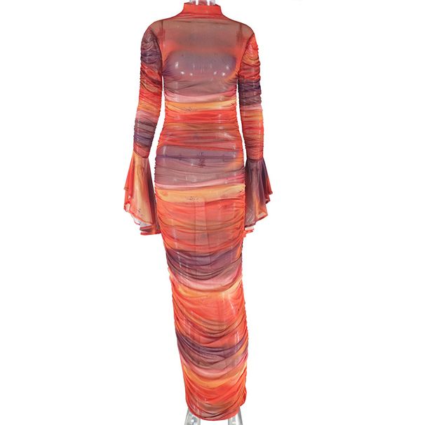 Women's Clothing Printed Long Sleeved Dress Round Neck Temperament Casual Pullover One Step Skirt Dress_ecoleips.com