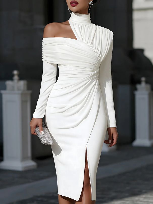 2026 European And American Cross-Border Spring New Product Solid Color Elegant Casual Off-Shoulder Slit Women's_ecoleips.com