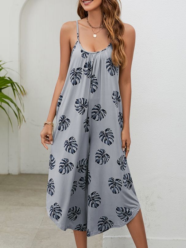 Women's Suspender Pocket Printed Jumpsuit Cropped Pants_ecoleips.com