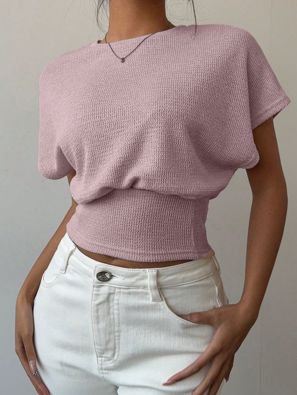 Elegant Pink Women's Blouse round Neck Short Sleeve T-Shirt Breathable Knit Casual Chic Top with Waist Definition Summer_ecoleips.com