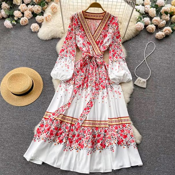 Women's Clothing Spring And Summer New Women's Fashion Temperament Waist Long Skirt Printed Casual Dress_ecoleips.com