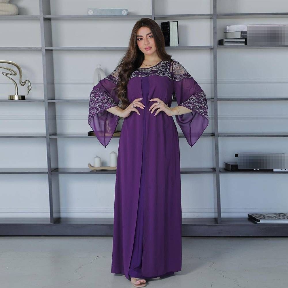 Elegant Embellished Jalabiya Dress Set For Muslim Women – Glittering Abaya With Flowy Chiffon & Rhinestone Details (Purple/Navy Blue, S-Xxl)_ecoleips.com