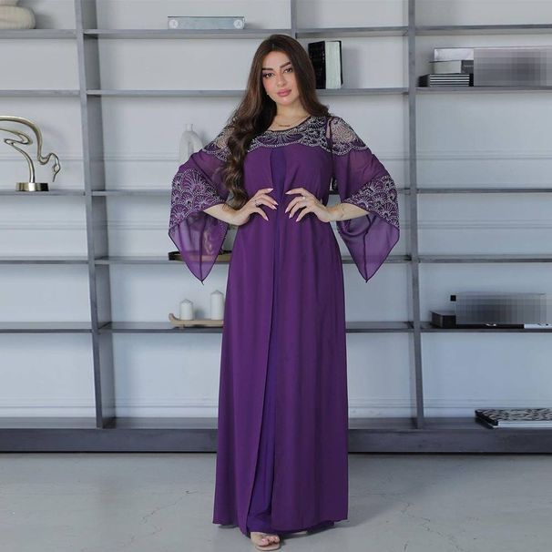 Elegant Embellished Jalabiya Dress Set For Muslim Women – Glittering Abaya With Flowy Chiffon & Rhinestone Details (Purple/Navy Blue, S-Xxl)_ecoleips.com