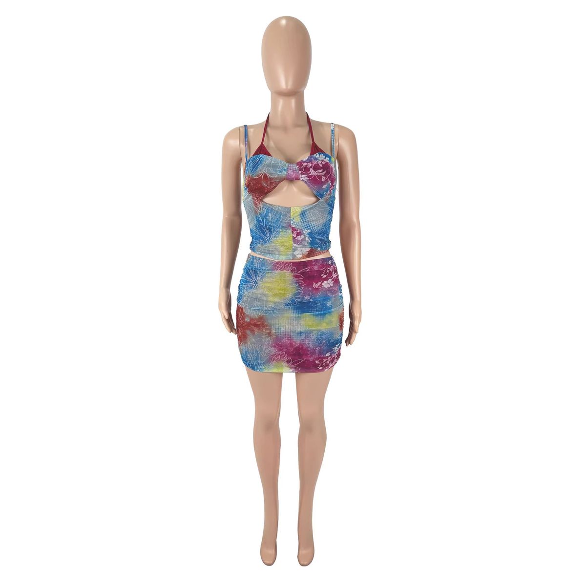 Women's Sexy Strapless Mini Dress Set Print Pattern Hollow Out Waist Design_ecoleips.com