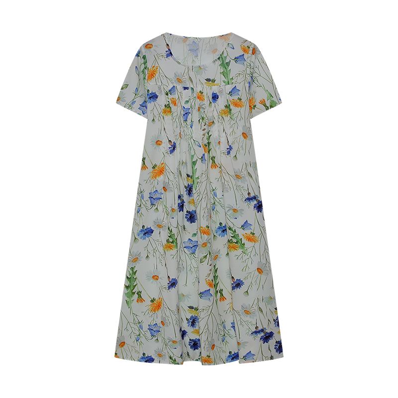 2024 Spring/Summer Women's Elegant Large Swing Skirt With Round Neck Printed Short Sleeved Dress_ecoleips.com