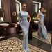 Women Elegant Formal Evening Dress, Asymmetrical One‑Shoulder Sleeve, Solid Color, High Slit Detail, Slim‑Fit Silhouette_ecoleips.com
