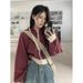 European And American Style Color-blocked Hooded Sweatshirt Women, Autumn Loose-fitting Slim-fit Short Zip-up Cardigan_ecoleips.com