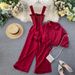 Women's Trend New Suspender Pleated Wide Leg Jumpsuit Stand Up Collar Short Sleeved Cardigan Shirt Two Piece Set_ecoleips.com