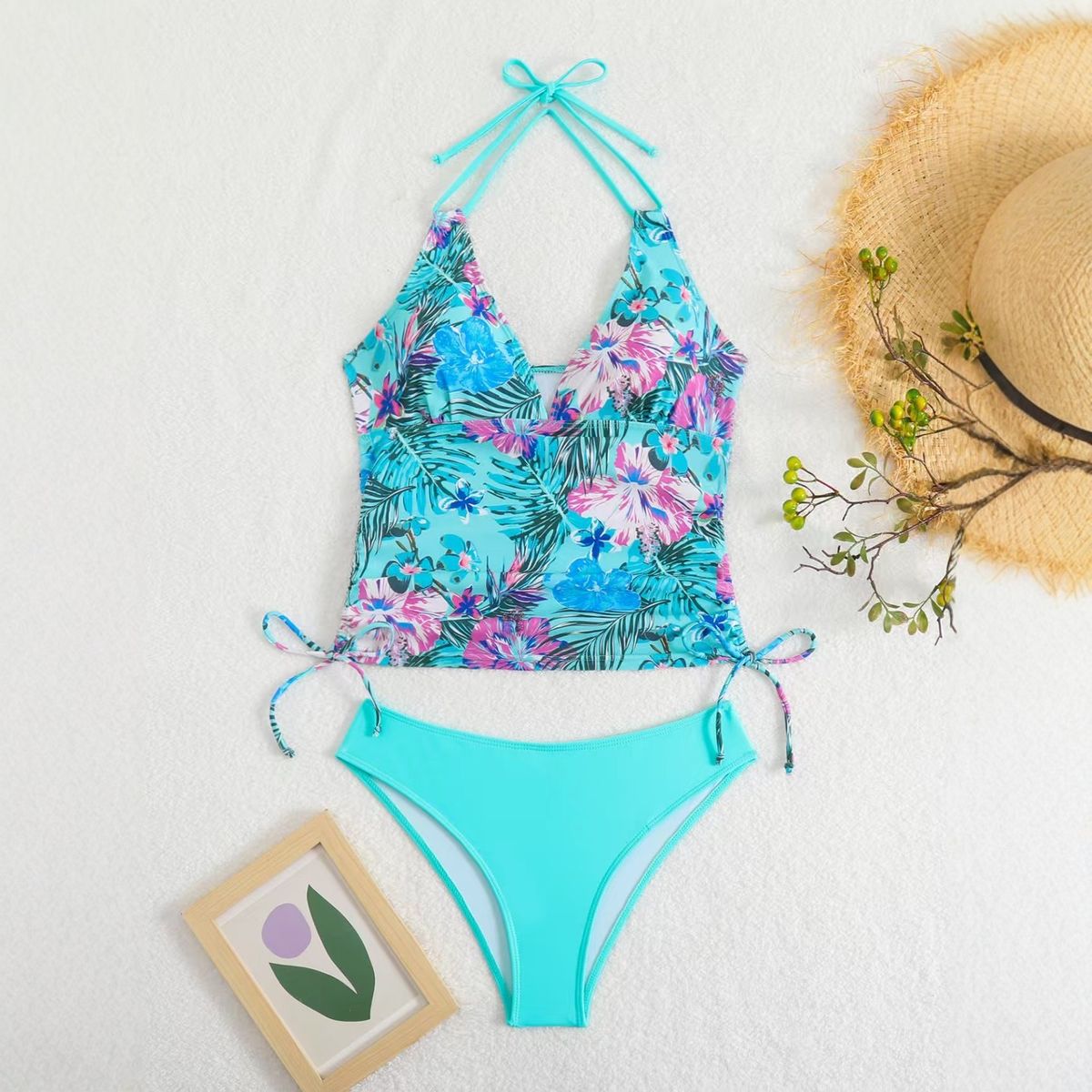 New 2026 Two Piece Swimsuit Digital Print V Neck Drawstring Tie Back Bikini Set European American Style Sexy Summer Swimwear_ecoleips.com