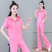 Women's Clothing Short Sleeved Sports Suits Women's Casual Two-Piece Outfit - Trendy Short Sleeve Top & Wide Leg Pants Set (Blue, Pink, Gray, White)_ecoleips.com