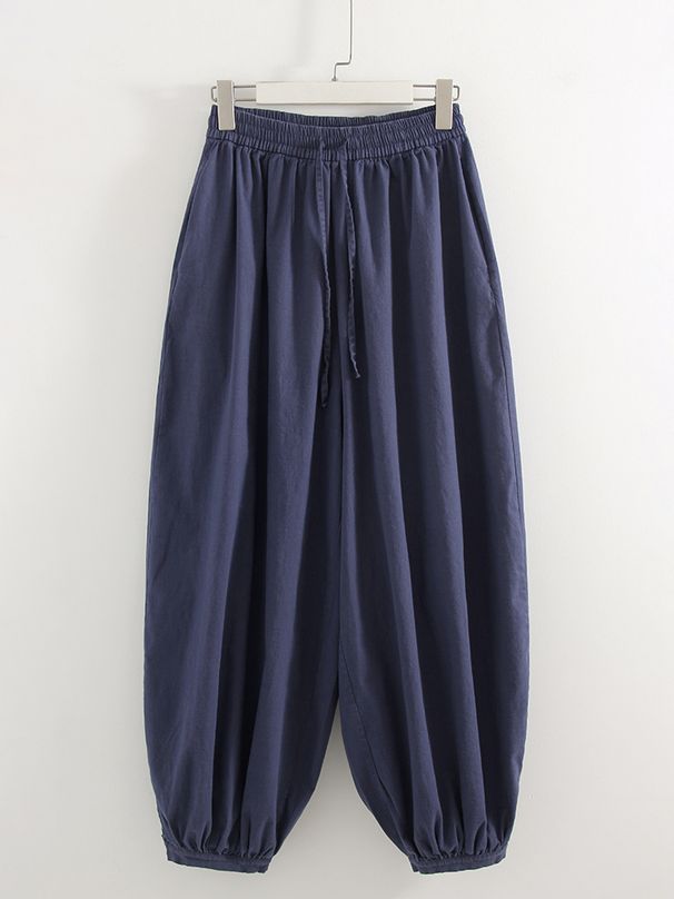 Summer Cotton Oversized Pants For Women Blue Baggy Aladdin Trousers Elastic Bloomers Navy Blue Cropped Lantern Harem Pants Woman_ecoleips.com