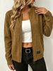 Caramel Brown Zip Up Crew Neck Pit Rib Knit Cardigan, Loose Lightweight Breathable Soft Skin-touch Long Sleeve Pocket Jacket_ecoleips.com