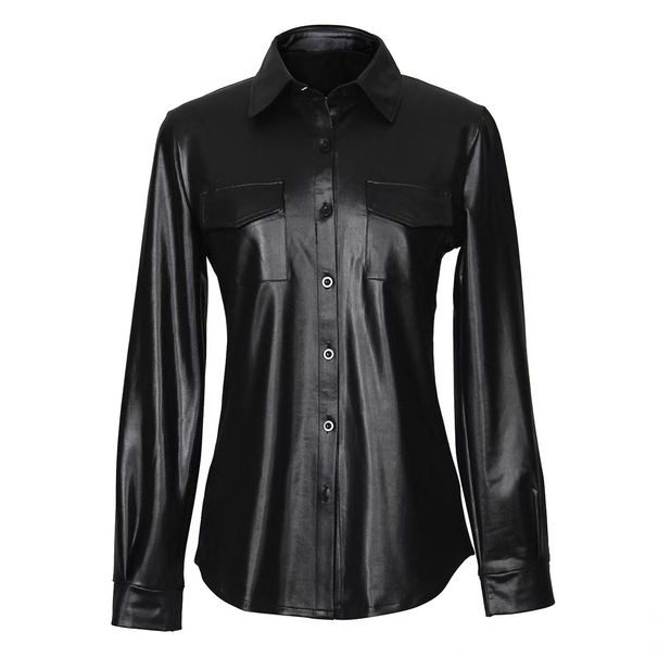 Stylish Faux Leather Shirt Jacket – Casual Long/Short Sleeve Blazer With Chest Pocket (S-XXL, Black/Red)_ecoleips.com