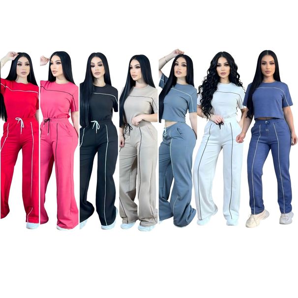 Brand Logo Embroidered Letter Wide-Leg Casual Sports Simple Set Short Sleeve Long Pants 7 Colors_ecoleips.com