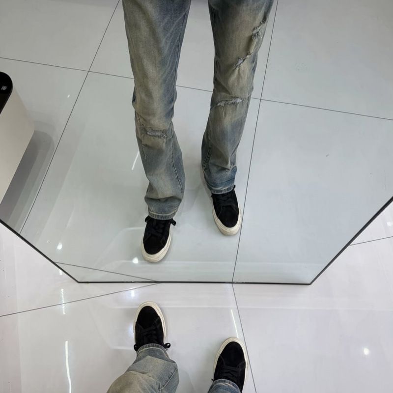 New Spring And Autumn Vintage Splash-Dye Ripped Rhinestone Jeans, High Street Washed Casual Trendy Slightly Flared Long_ecoleips.com