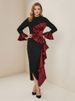 Freeacy Women's Black Red Ruffled Dress High Neck Long Sleeves High Waist Slim Fit Midi Dress Female Elegant Evening Dresses_ecoleips.com