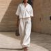 Women's Summer 2 Piece Outfit Short Sleeve Shirt And Loose Pants Set Comfortable Cotton Blend Casual Separates_ecoleips.com