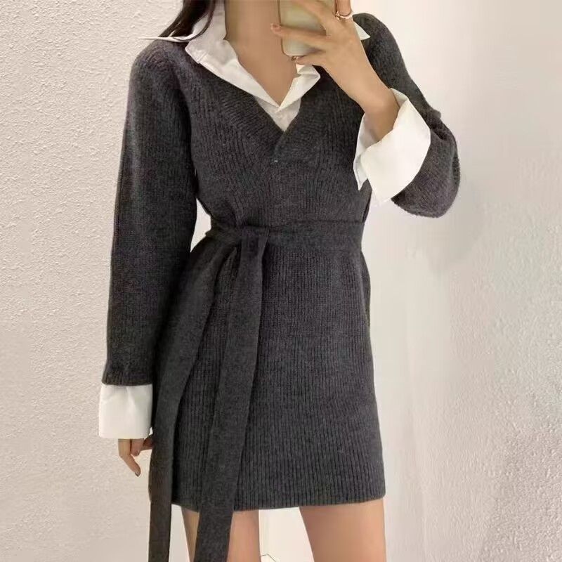 Chic Autumn And Winter Retro Temperament Lapel Contrast Patchwork Fake Two Pieces Strap Waist Long Sleeve Knitted Dress_ecoleips.com