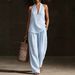 Breathable Linen-Blend Wide-Leg Pants & Halter Top Set, Striped Summer Two-Piece Outfit For Women_ecoleips.com