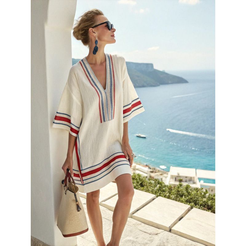 Women's V Neck Striped Dress European American Style Loose Beach Fashionable Casual Clothing 2026 New_ecoleips.com