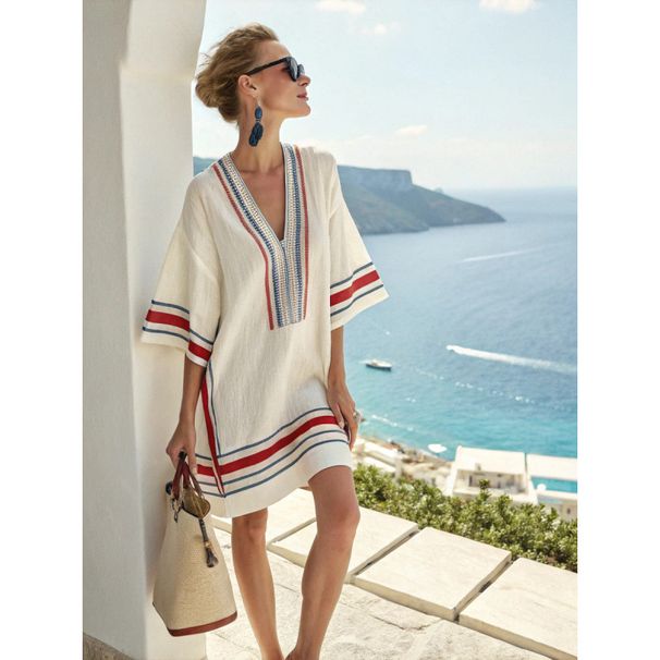 Women's V Neck Striped Dress European American Style Loose Beach Fashionable Casual Clothing 2026 New_ecoleips.com