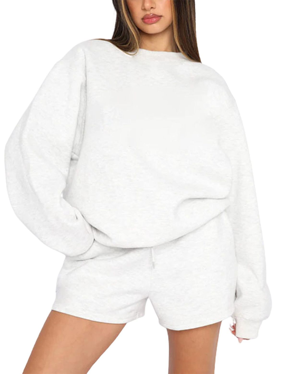 Spring And Autumn Solid Color Crew Neck Pullover Long Sleeve Sweater Women's Fashion Casual Shorts Set_ecoleips.com