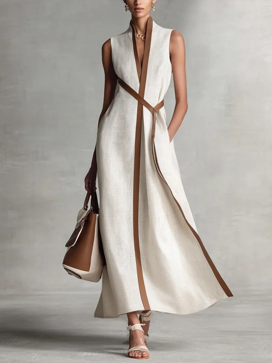 Women's Cotton Linen V-Neck Sleeveless Dress with Waist Belt - Elegant Fashion Spring/Summer Casual Thin Dress_ecoleips.com